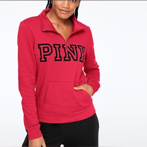 PINK VS Quarter Zip Up Sweatshirt Red Pepper 🌶️ & Black Block Logo - Picture 6 of 8